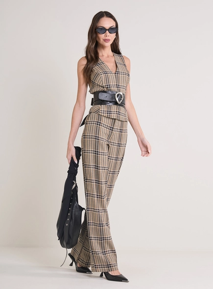 Blusa Decote V Xadrez Ombro Estruturado