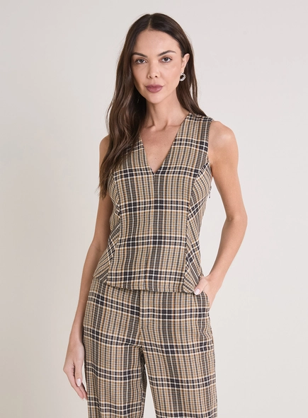 Blusa Decote V Xadrez Ombro Estruturado