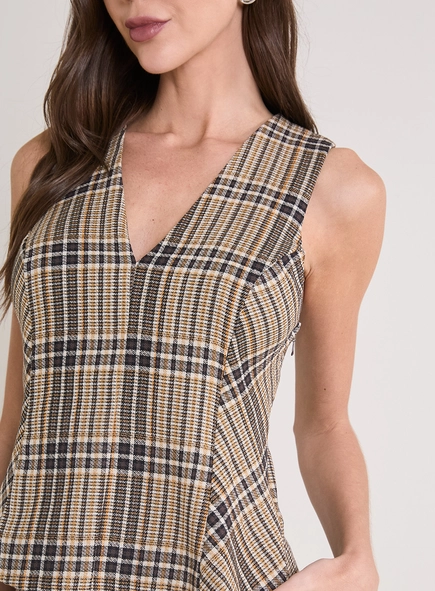 Blusa Decote V Xadrez Ombro Estruturado