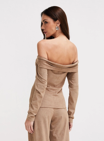 Blusa Suede Justa Ombro A Ombro De Manga Longa