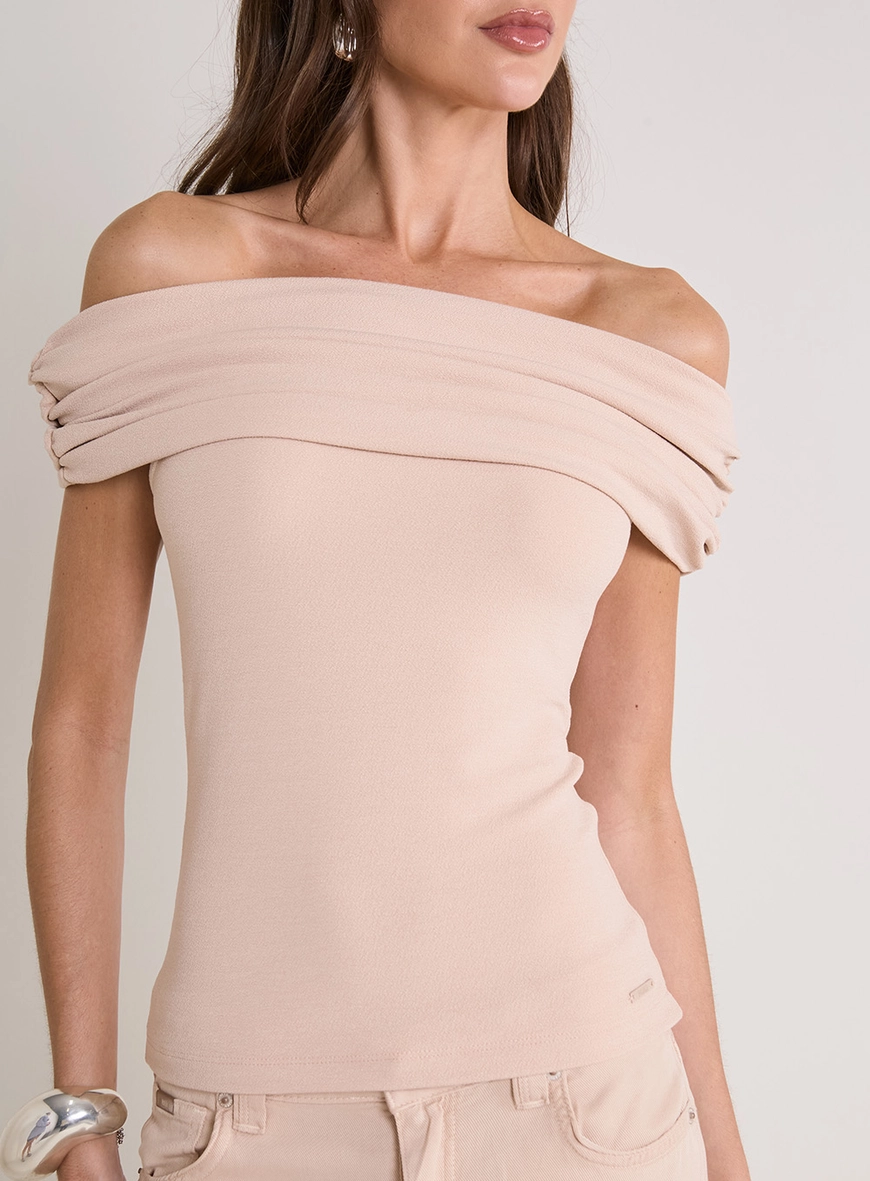 Blusa Ombro A Ombro Drapeada Bege