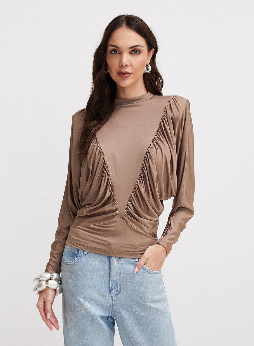 Blusa Manga Longa Com Drapeado Marrom