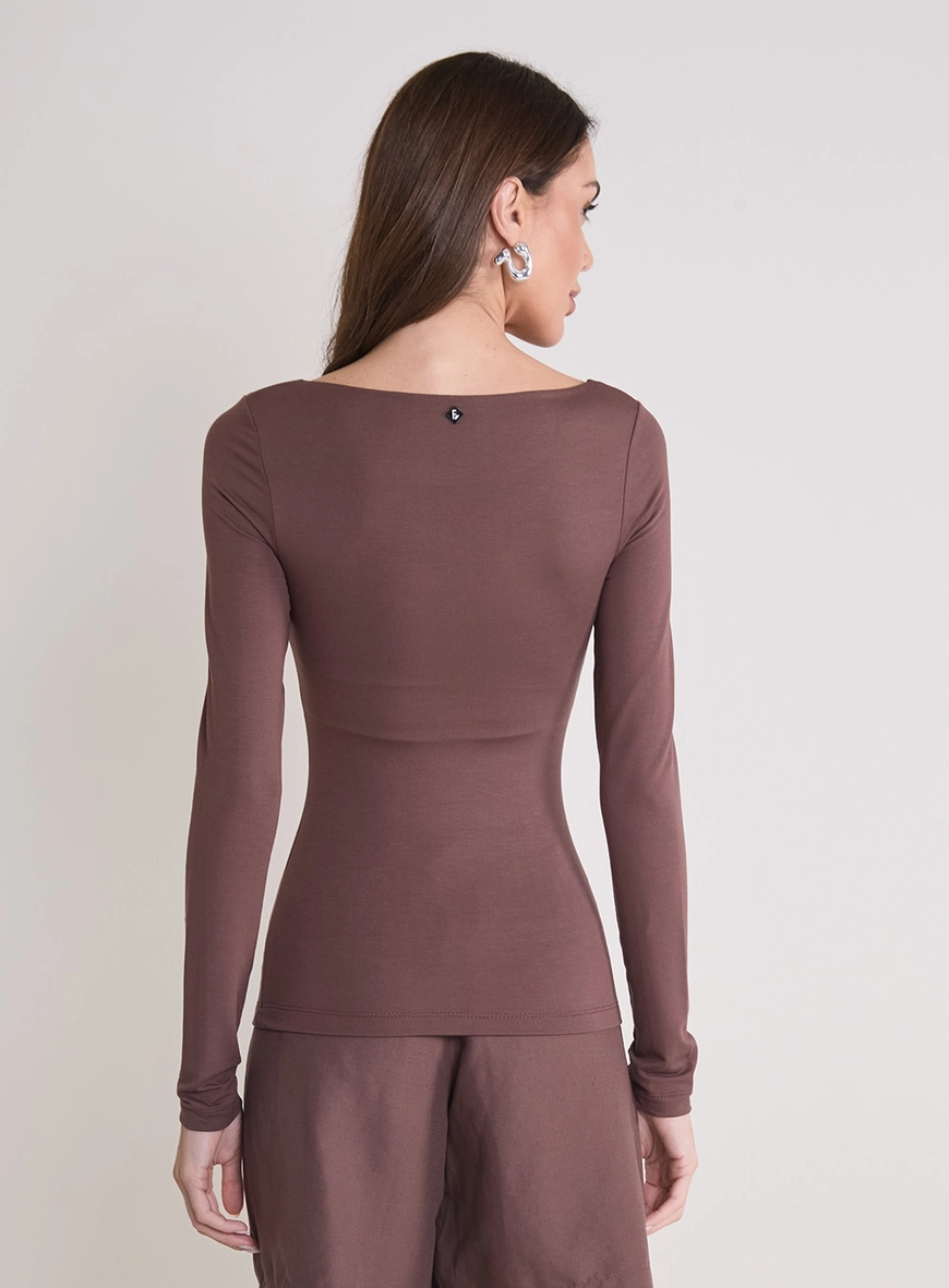 Blusa Justa De Manga Longa Com Decote Princesa Marrom