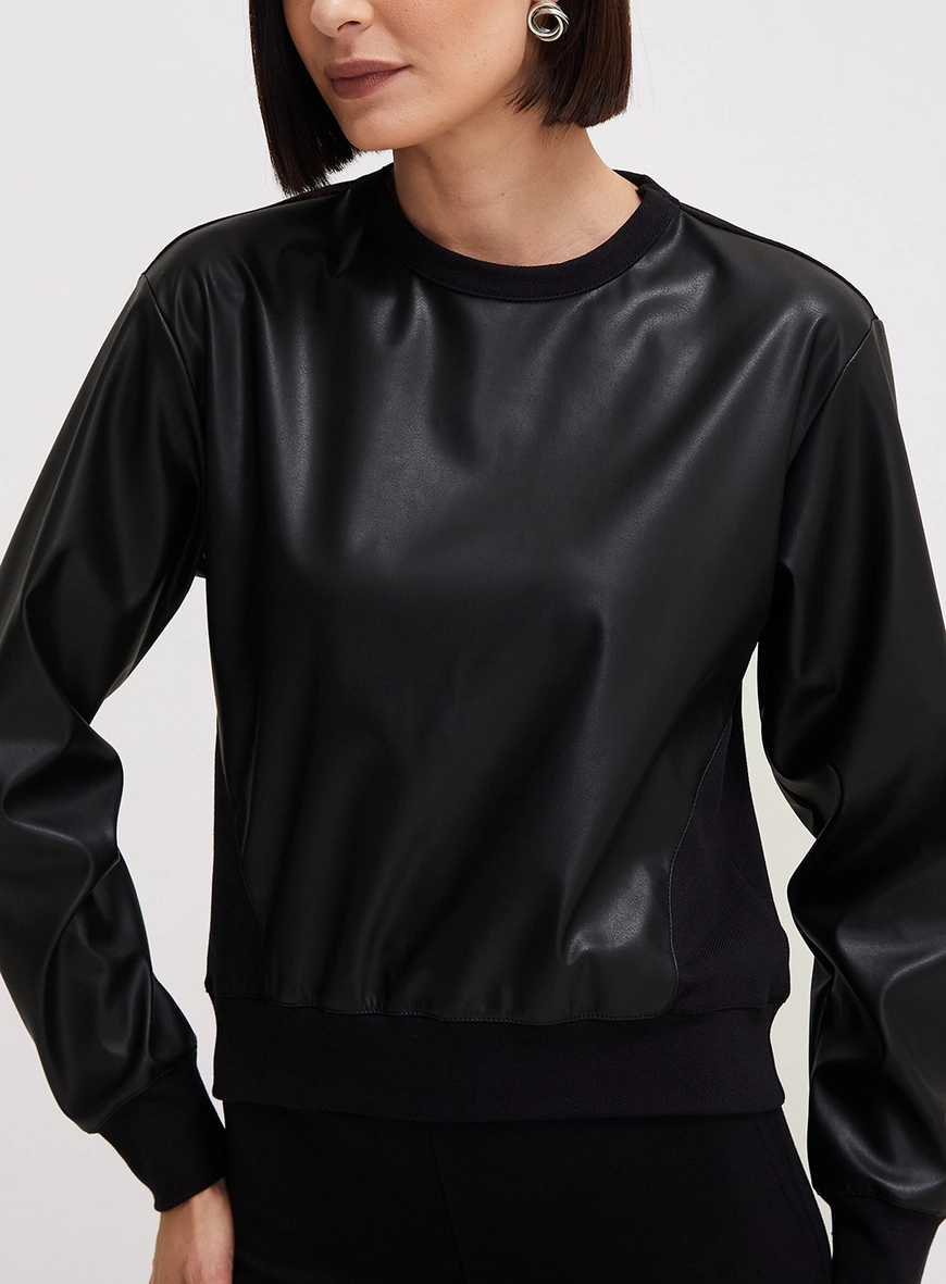 Blusão Feminino Com Couro Sintético Preto