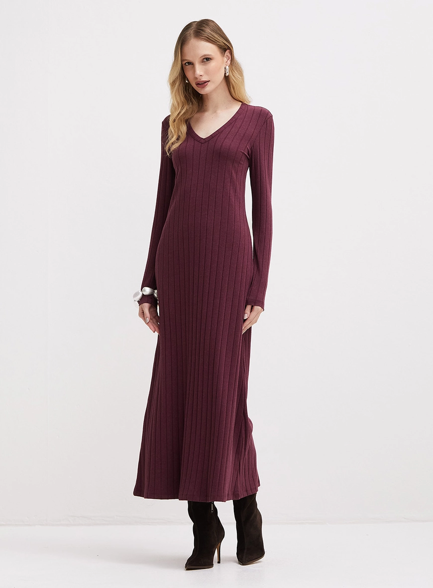 Vestido Midi Solto Canelado De Manga Longa Bordô