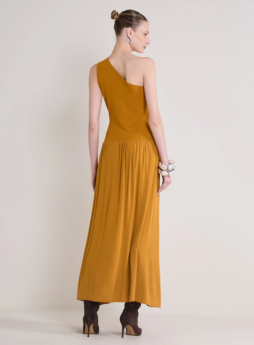 Vestido Longo De Um Ombro Só E Saia Franzida Amarelo
