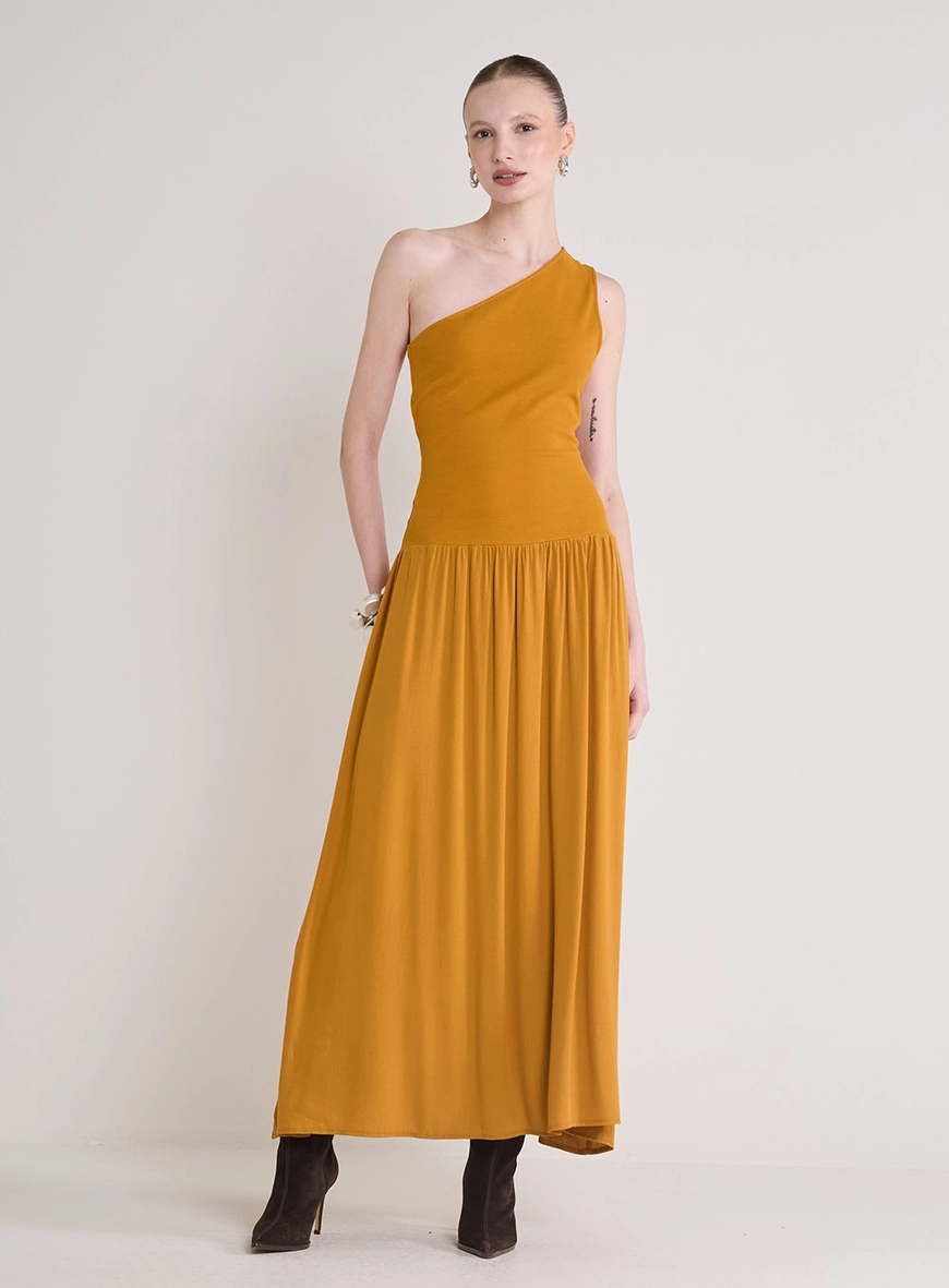 Vestido Longo De Um Ombro Só E Saia Franzida Amarelo