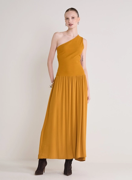 Vestido Longo De Um Ombro Só E Saia Franzida