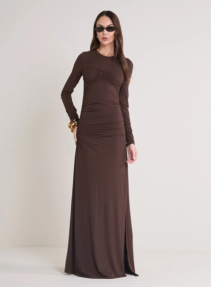 Vestido Longo Justo Franzido De Manga Longa