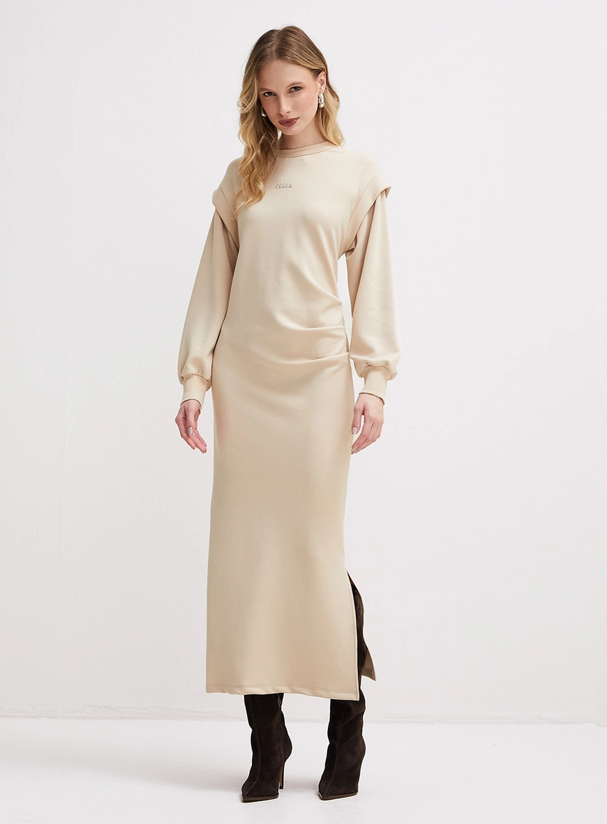 Vestido Longo De Manga Longa Bege