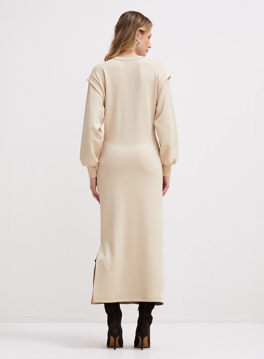 Vestido Longo De Manga Longa Bege