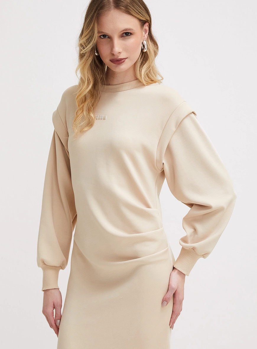 Vestido Longo De Manga Longa Bege