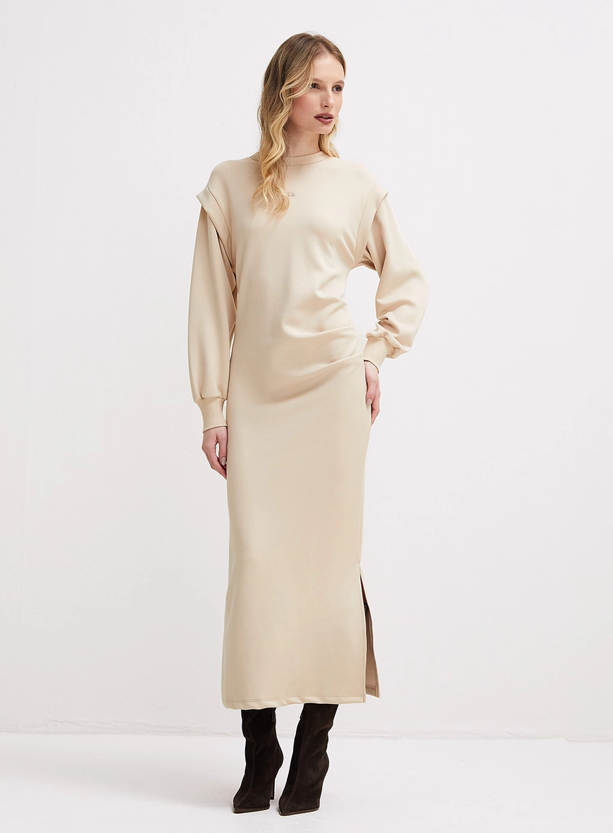 Vestido Longo De Manga Longa Bege