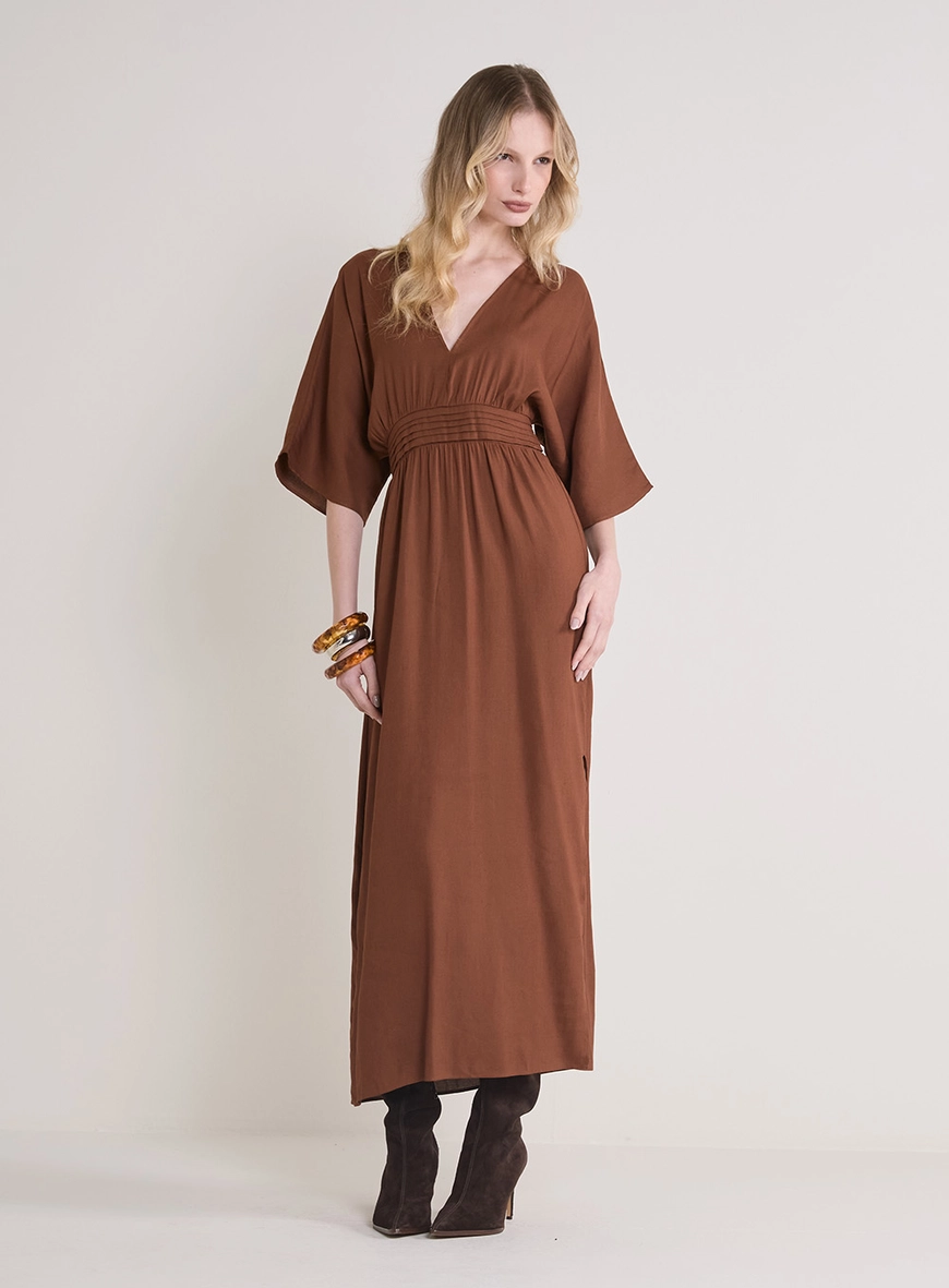 Vestido Longo Reto Decote Com Elástico Marrom