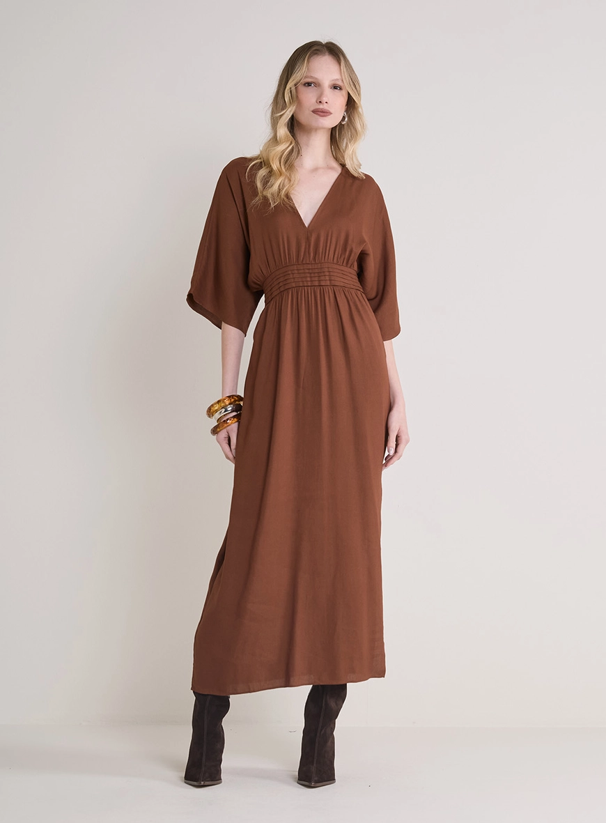 Vestido Longo Reto Decote Com Elástico Marrom