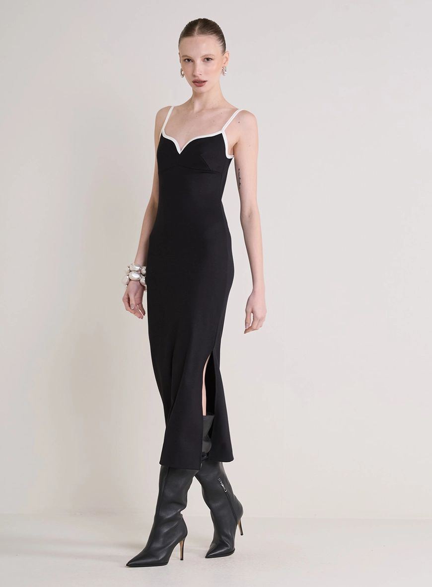 Vestido Midi Justo Com Fenda Preto