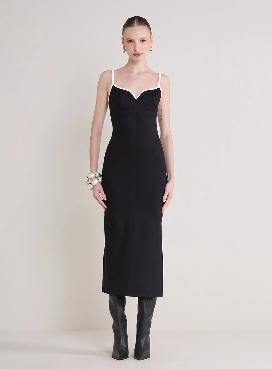 Vestido Midi Justo Com Fenda Preto