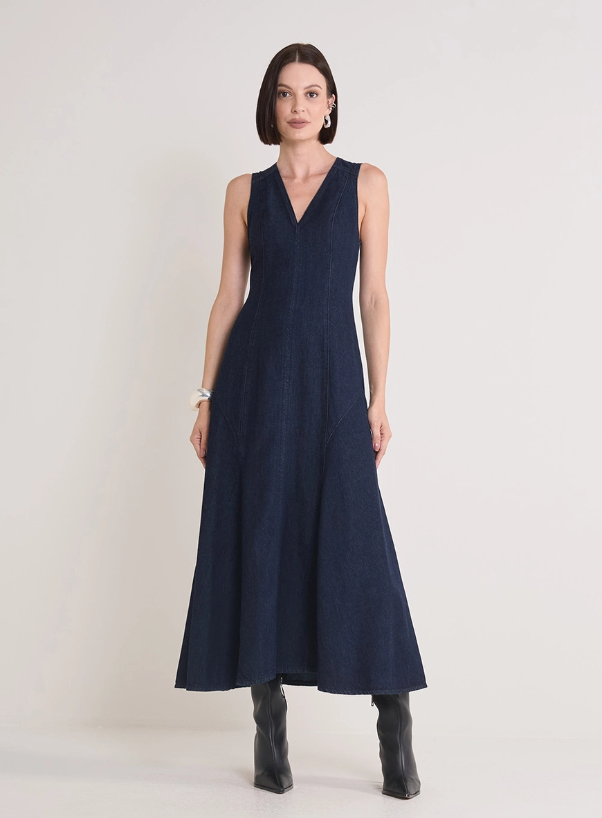 Vestido Jeans Longo Com Decote V Índigo