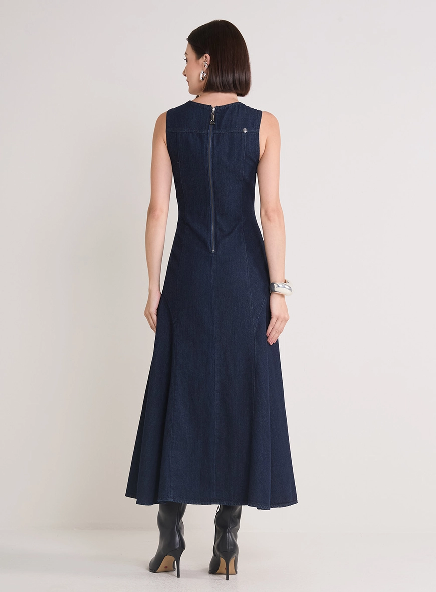 Vestido Jeans Longo Com Decote V Índigo