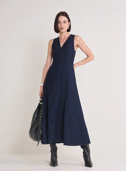 Vestido Jeans Longo Com Decote V