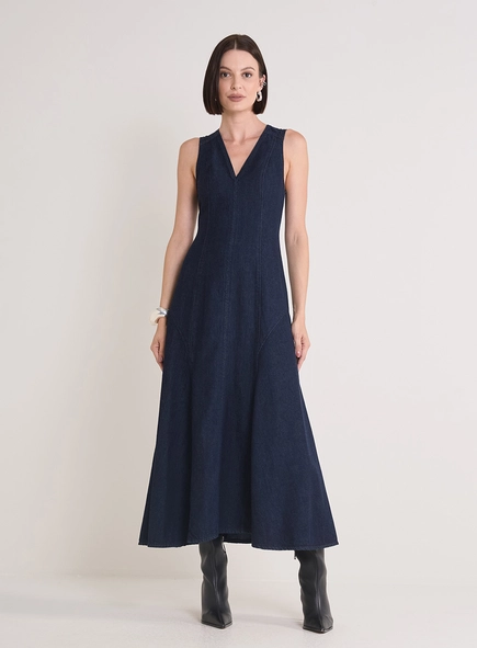 Vestido Jeans Longo Com Decote V