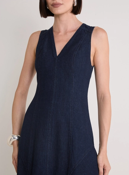 Vestido Jeans Longo Com Decote V
