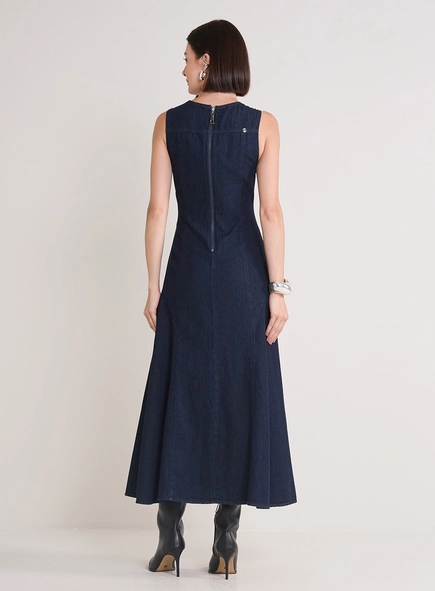 Vestido Jeans Longo Com Decote V