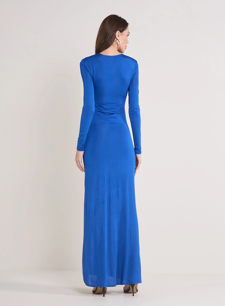 Vestido Longo Com Fenda Frontal E Franzidos Azul