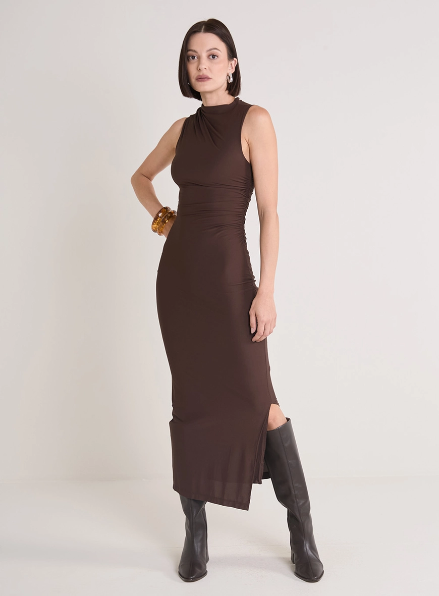 Vestido Maxi Midi Gola Japonesa Marrom