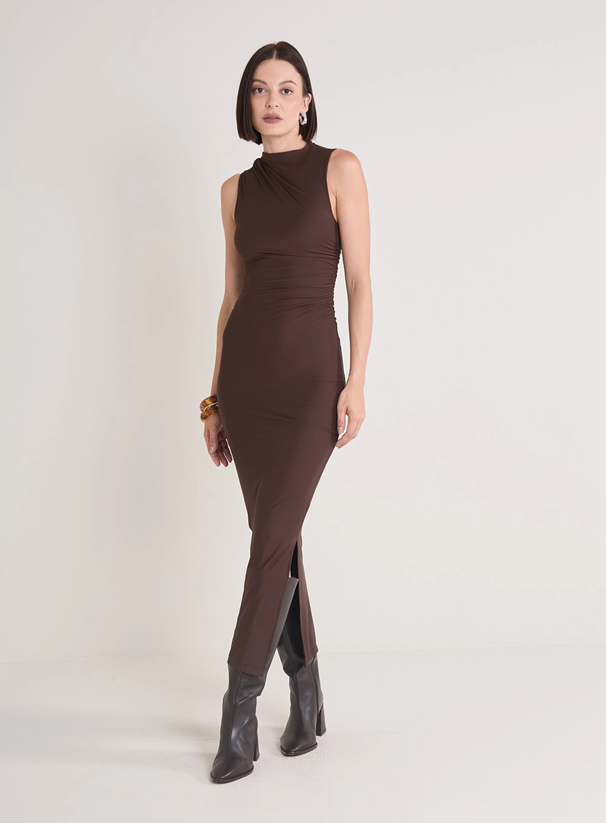 Vestido Maxi Midi Gola Japonesa Marrom