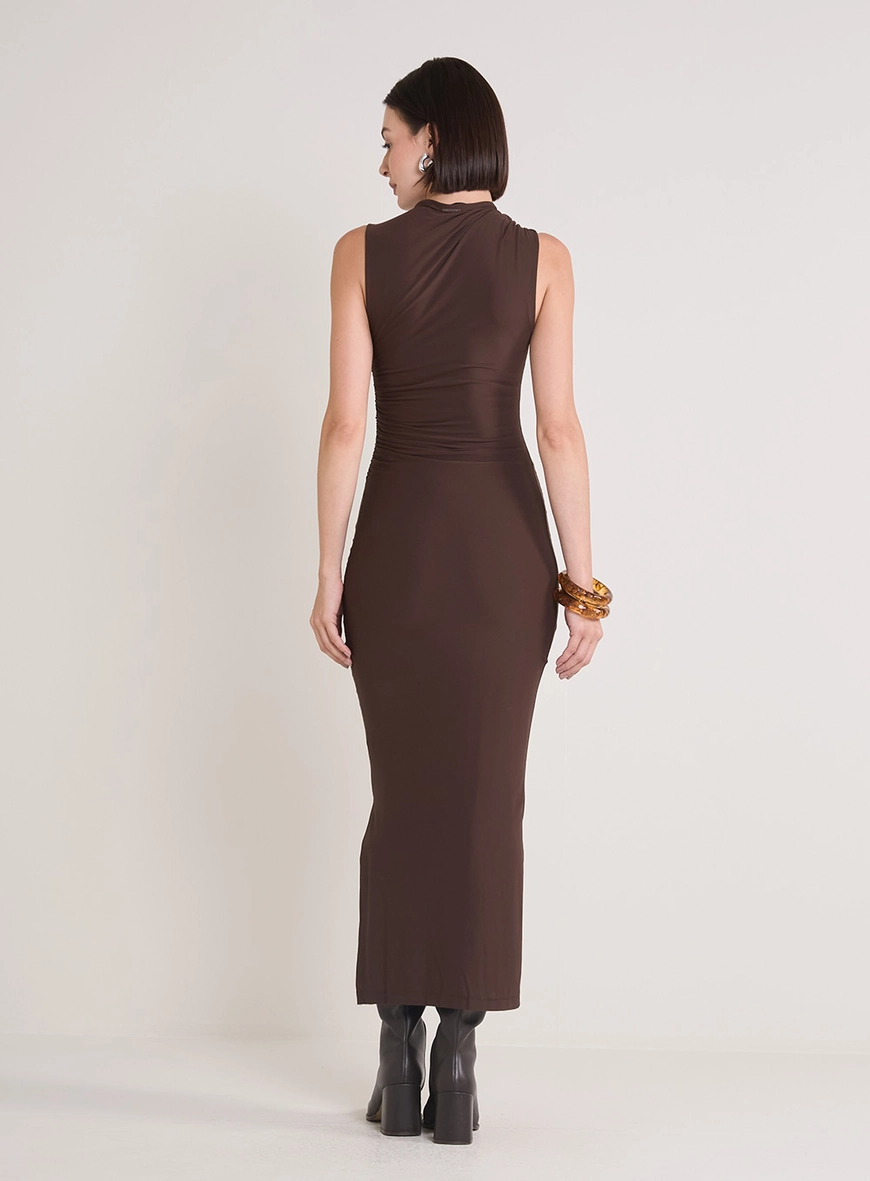 Vestido Maxi Midi Gola Japonesa Marrom