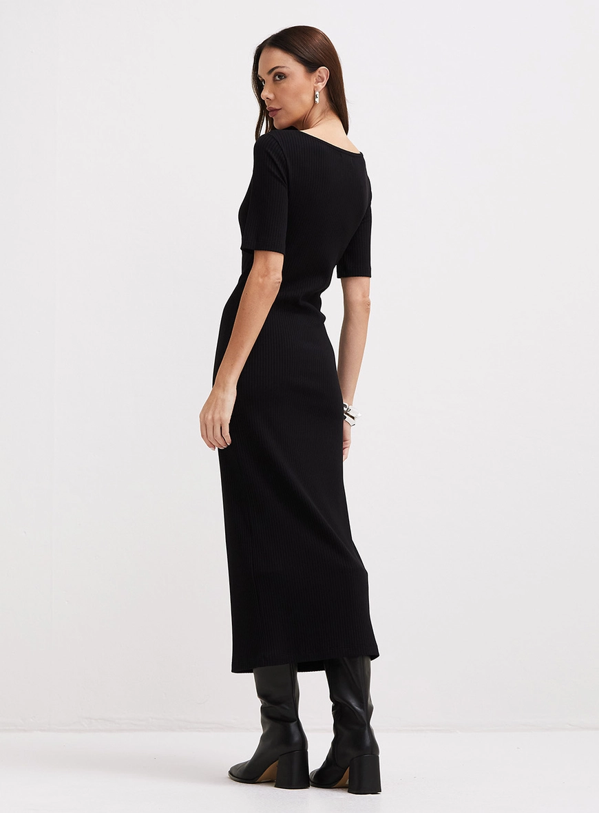 Vestido Longo Justo Canelado Preto