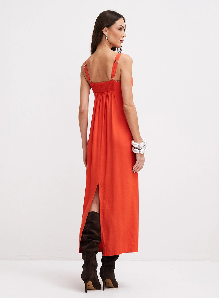 Vestido Midi Reto Com Fenda Costas Laranja