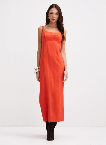 Vestido Midi Reto Com Fenda Costas