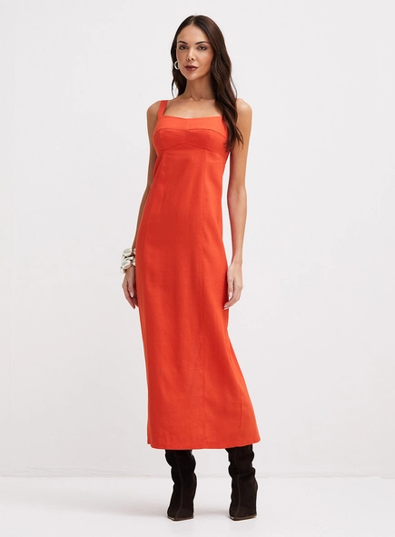 Vestido Midi Reto Com Fenda Costas