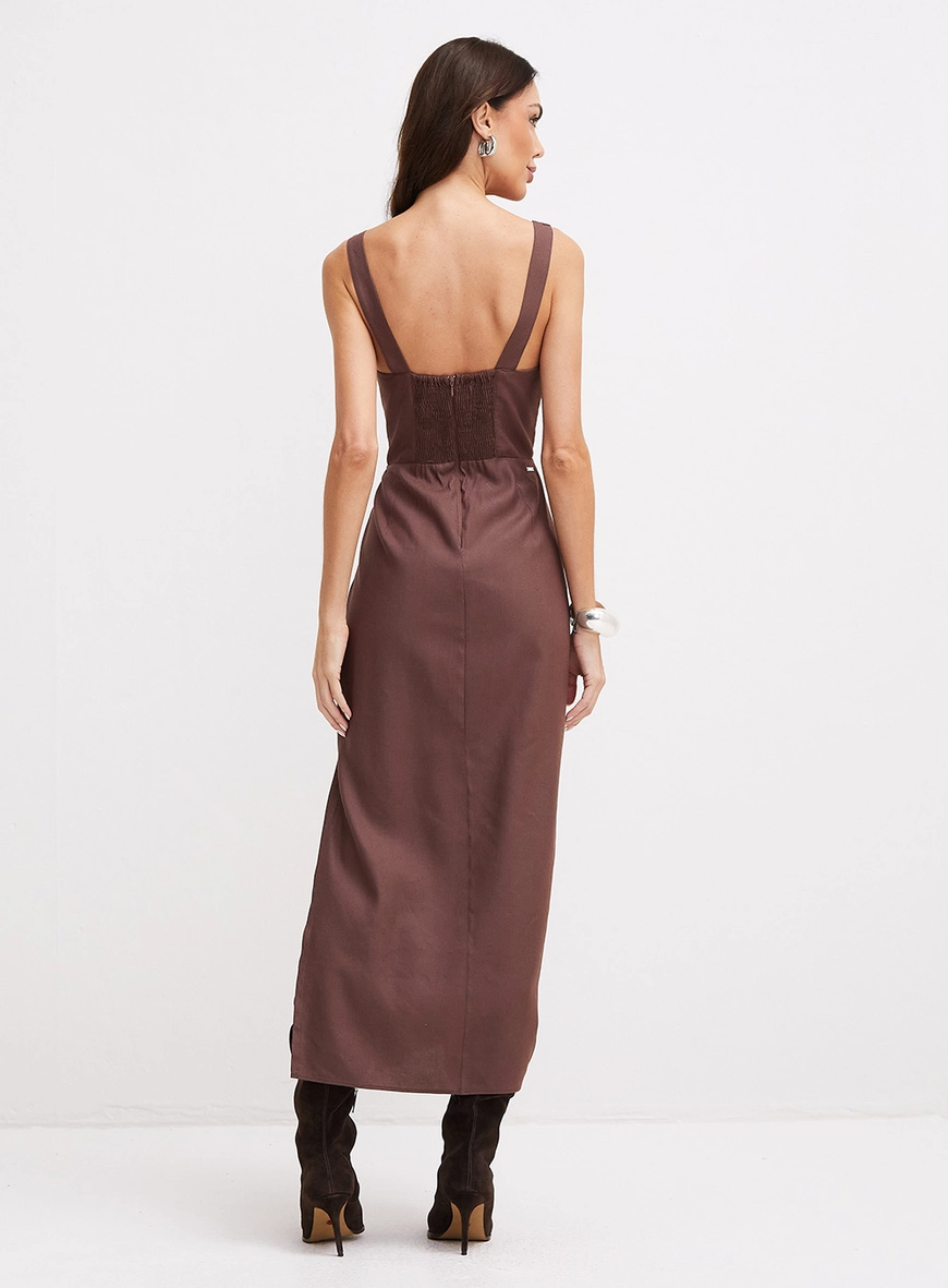 Vestido Midi Com Busto Duplo Estruturado E Fenda Marrom