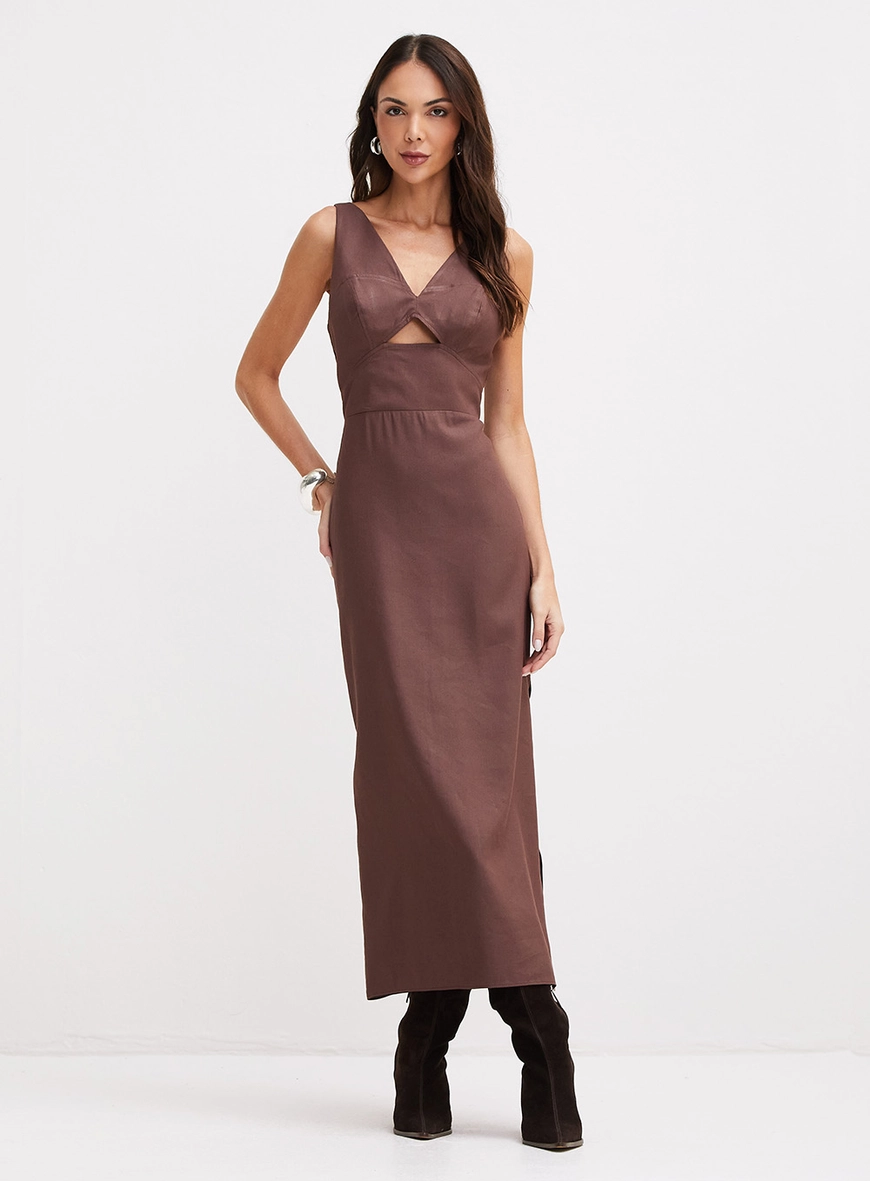 Vestido Midi Com Busto Duplo Estruturado E Fenda Marrom