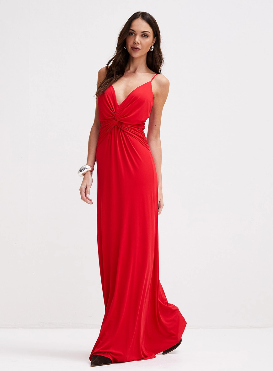Vestido Longo Com Torção Decote V Vermelho