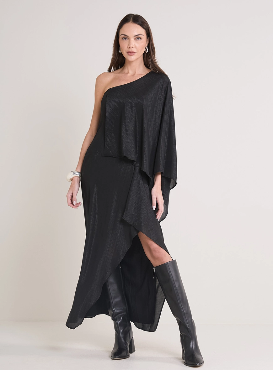 Vestido Midi Manga Única Assimétrica Preto