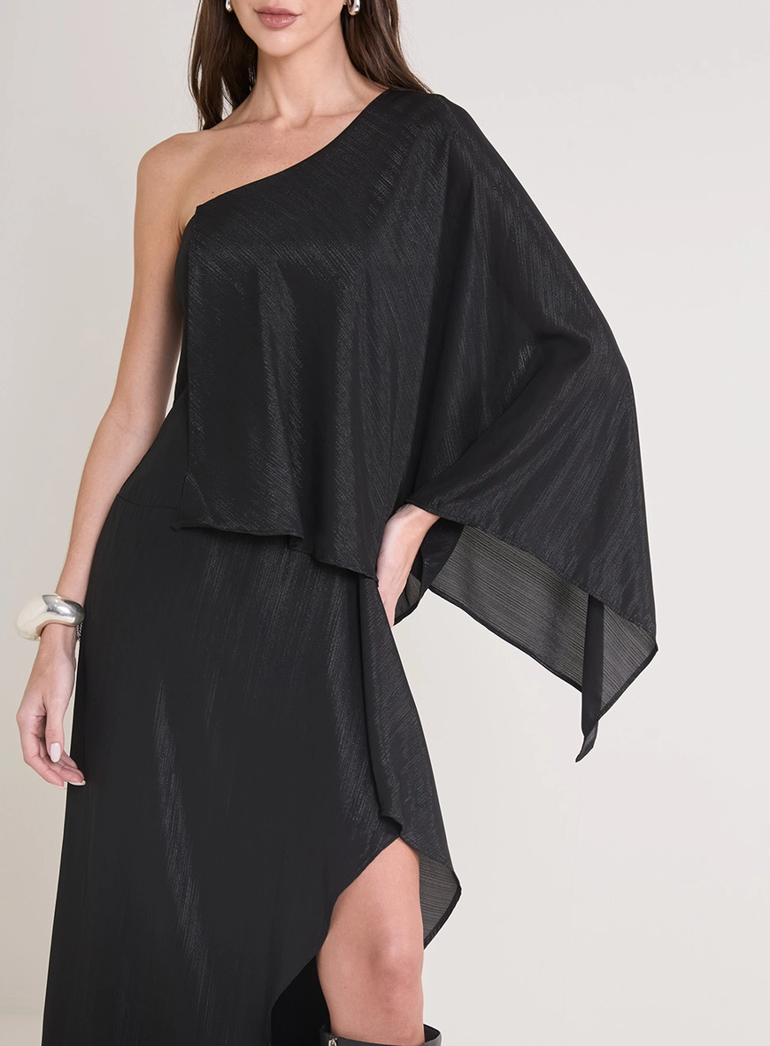 Vestido Midi Manga Única Assimétrica Preto