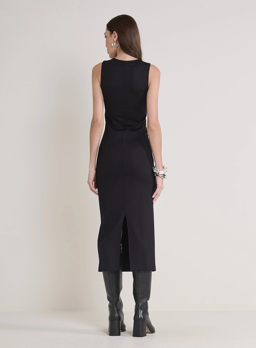 Vestido Midi Justo Com Decote V Preto