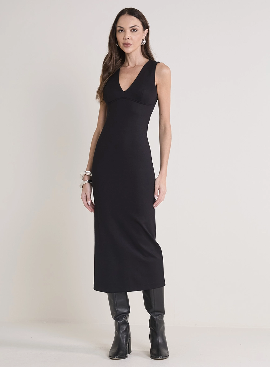 Vestido Midi Justo Com Decote V Preto