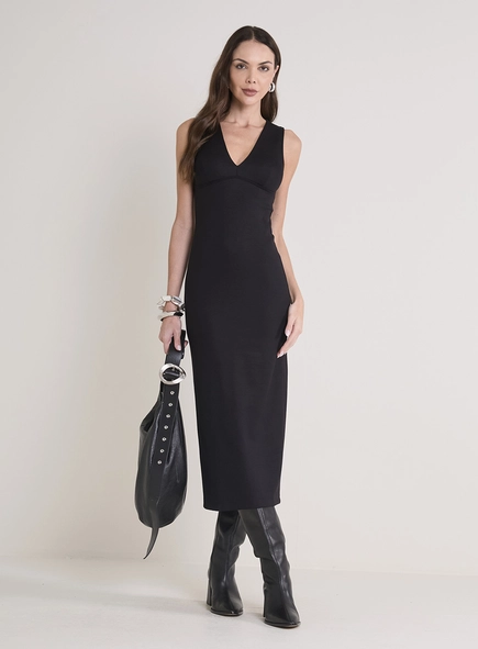 Vestido Midi Justo Com Decote V