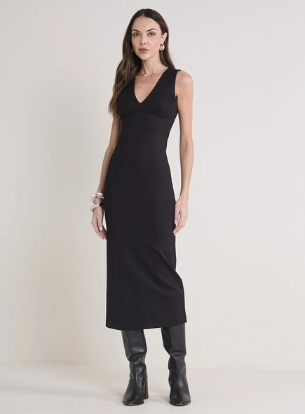 Vestido Midi Justo Com Decote V