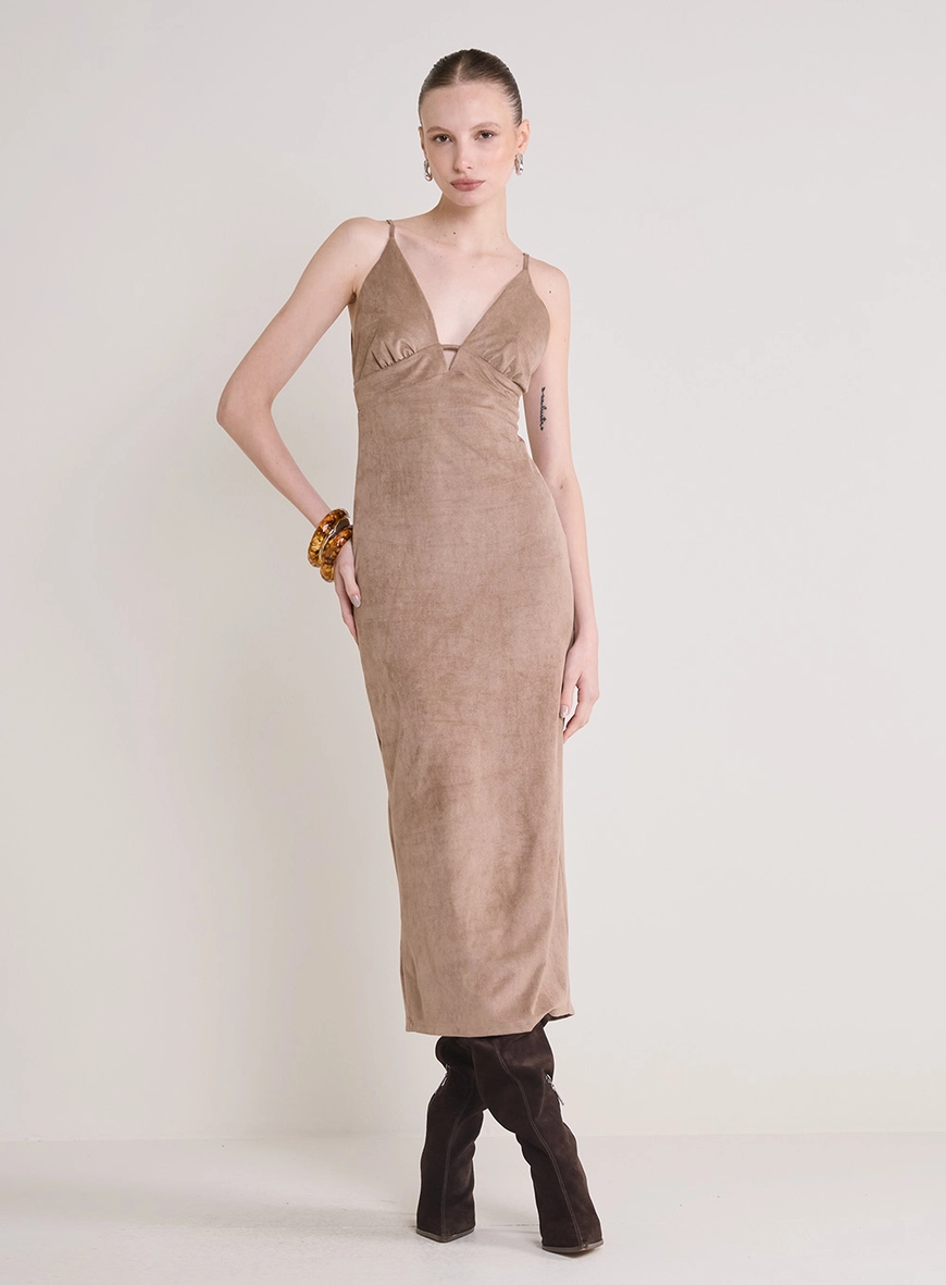 Vestido Suede Decote V E Fenda Marrom