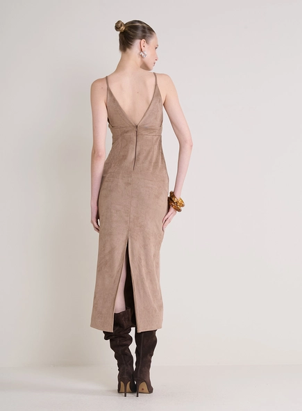 Vestido Suede Decote V E Fenda