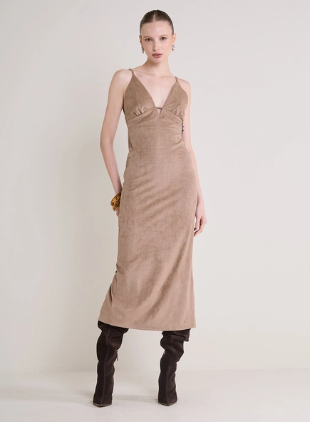 Vestido Suede Decote V E Fenda