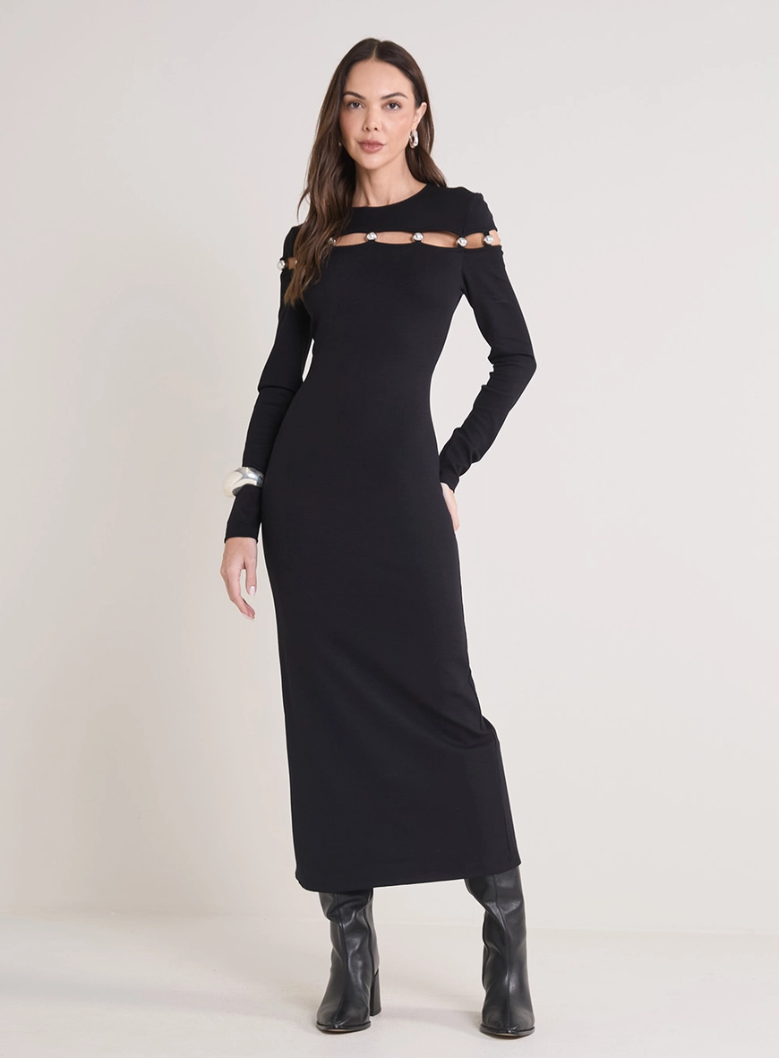 Vestido Midi Manga Longa Com Aberturas Preto