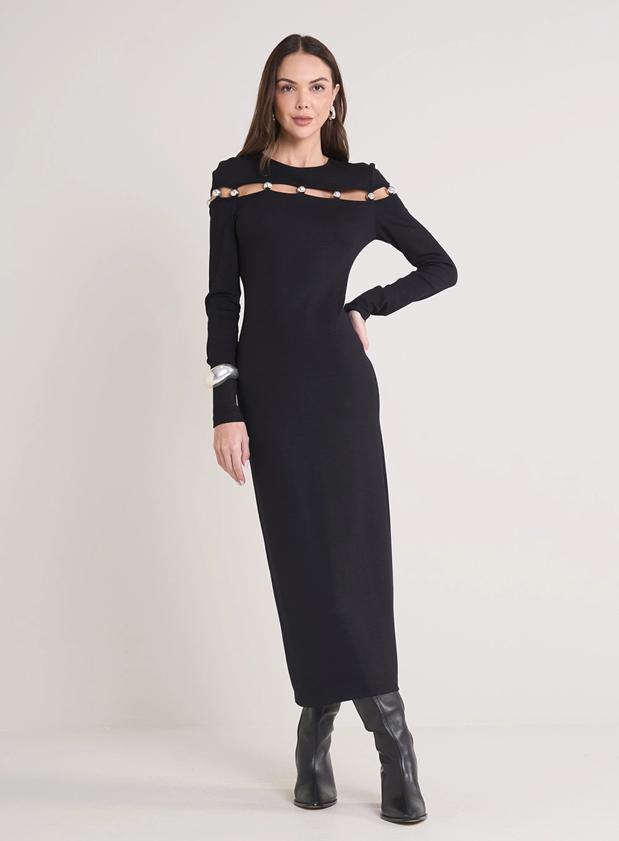 Vestido Midi Manga Longa Com Aberturas Preto