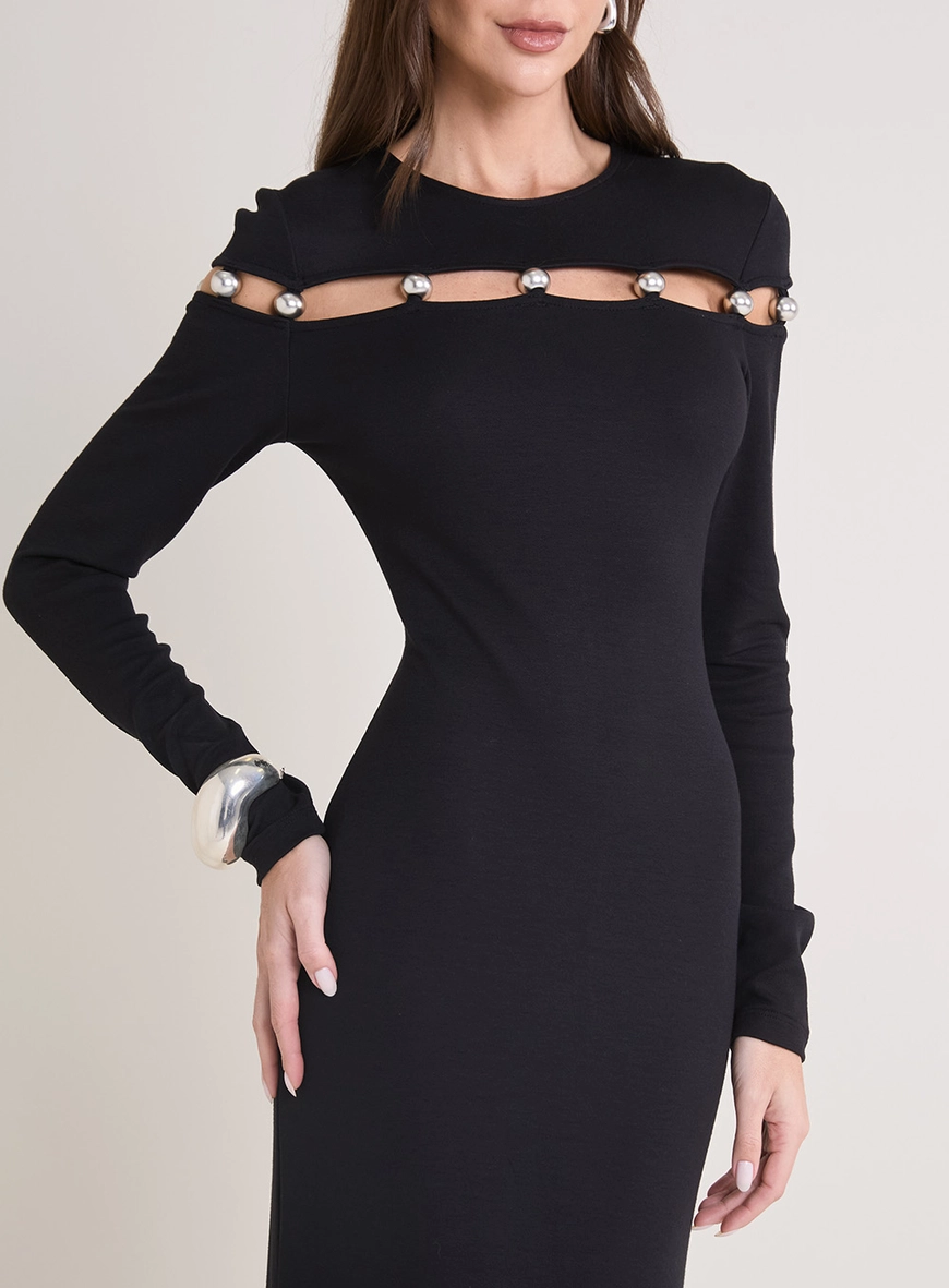 Vestido Midi Manga Longa Com Aberturas Preto